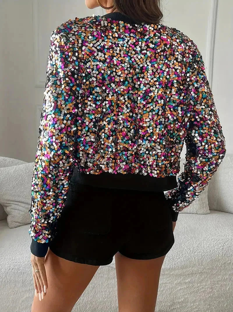 Damen Pailletten Bomberjacke mit Reißverschluss