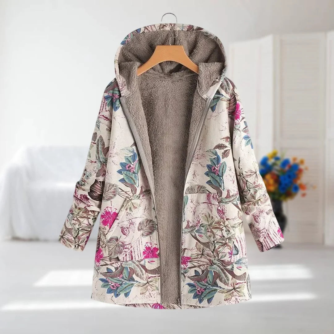 Beige Damen Parka mit Blumenmuster, weich gefüttert, ideal für kühle Tage, mit Kapuze und praktischen Taschen.