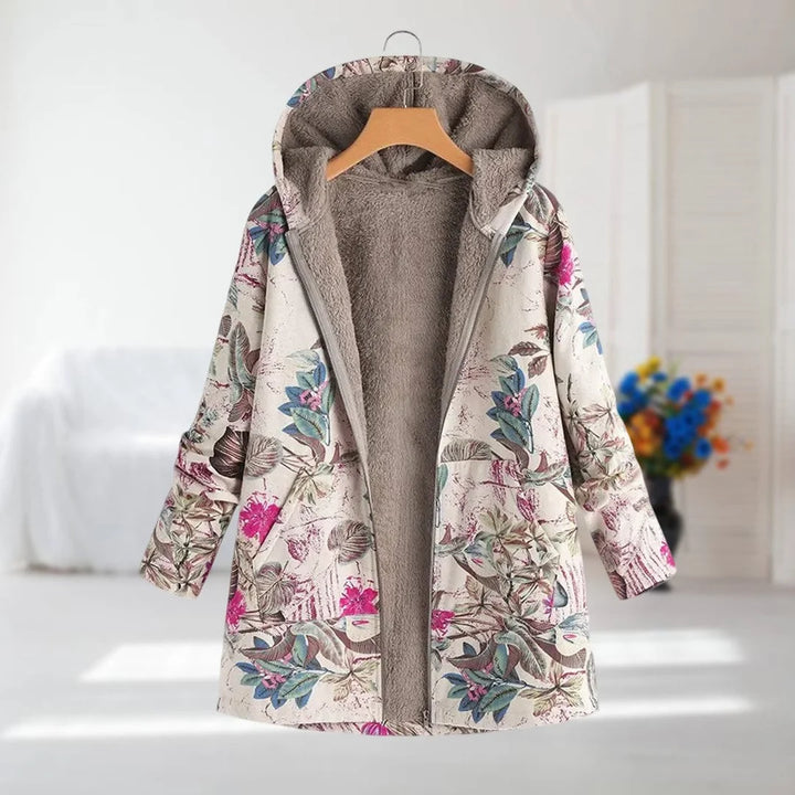 Beige Damen Parka mit Blumenmuster, weich gefüttert, ideal für kühle Tage, mit Kapuze und praktischen Taschen.