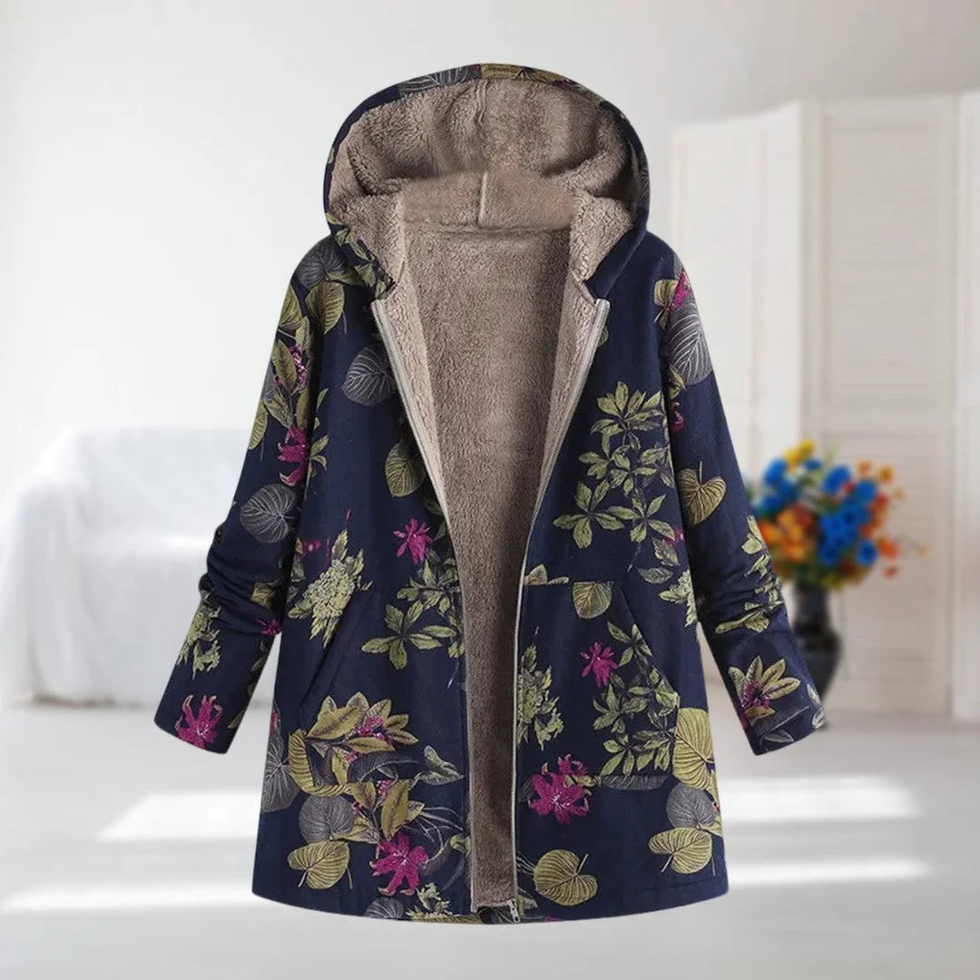 Dunkelblauer Damen Parka mit floralem Muster, weich gefüttert, ideal für kalte Tage und vielseitig kombinierbar.