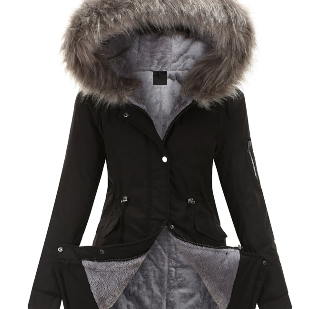 Damen Parka in Graphit mit Kapuze, warmem Futter und praktischen Taschen für kalte Wintertage.