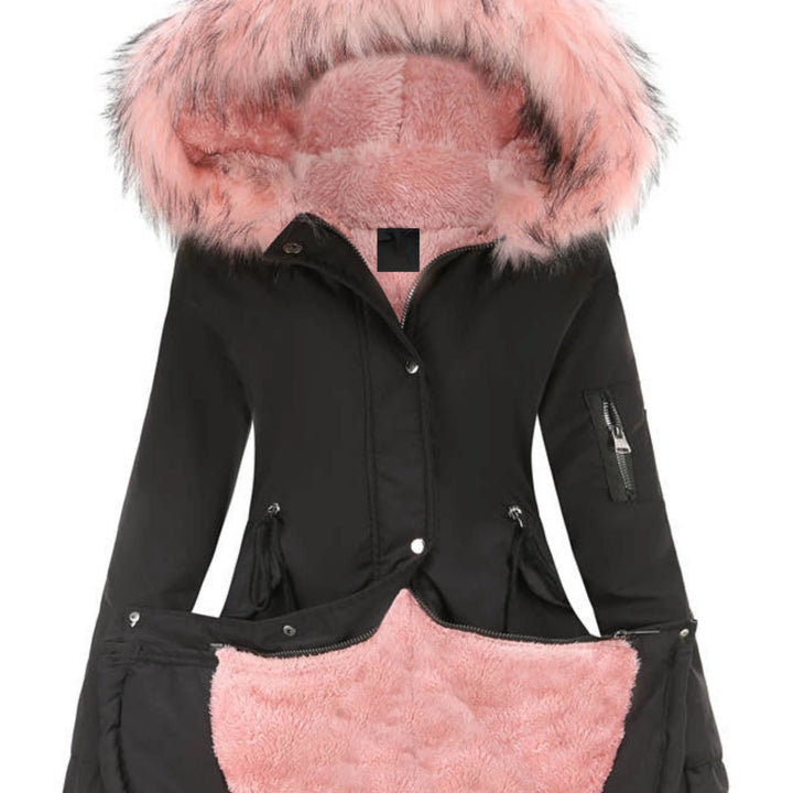 Schwarzer Damen Parka mit Kapuze, warmem Futter und klassischem Design, ideal für kalte Wintertage.