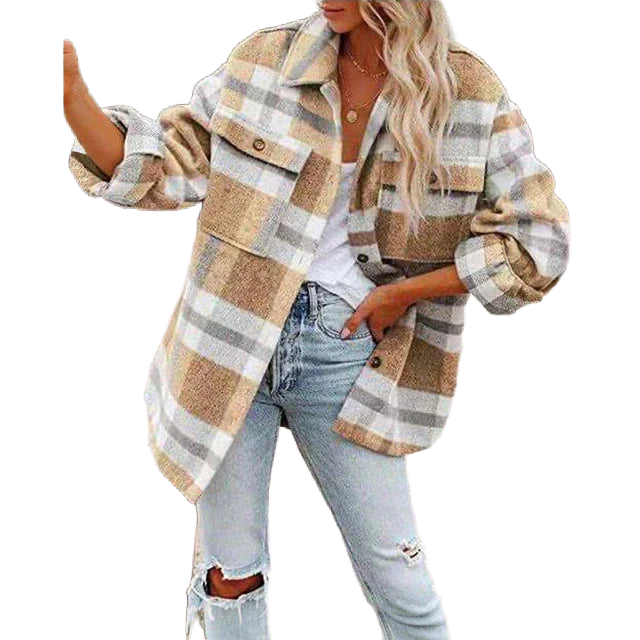 Damen Plaid Übergangsjacke in Übergröße mit Taschen