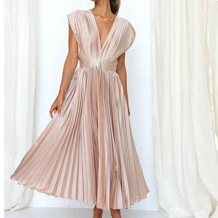 Damen Plissee Midi-Kleid mit V-Ausschnitt, grau, elegant gefaltetes Design, knielang, perfekter Begleiter für besondere…