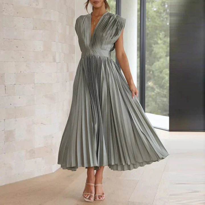 Graues Plissee Midi-Kleid mit V-Ausschnitt für Damen, eleganter Schnitt in Midi-Länge, perfekt für jeden Anlass.