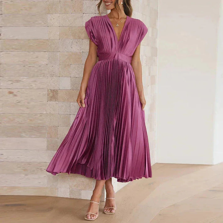Lila Damen Plissee Midi-Kleid mit V-Ausschnitt, aus leichtem Stoff, perfekt für den Alltag oder besondere Anlässe,…