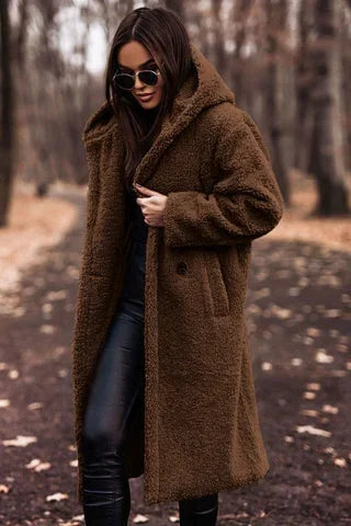 Damen Teddymantel mit Kapuze