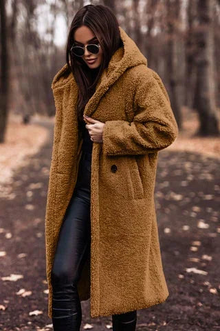 Damen Teddymantel mit Kapuze