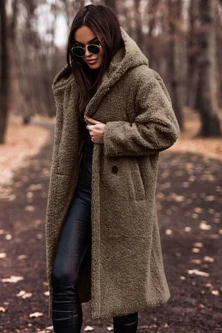 Damen Teddymantel mit Kapuze