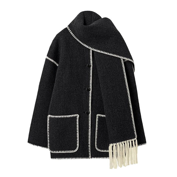 Damen Poncho Jacke mit Fransen und Kontrastverzierung