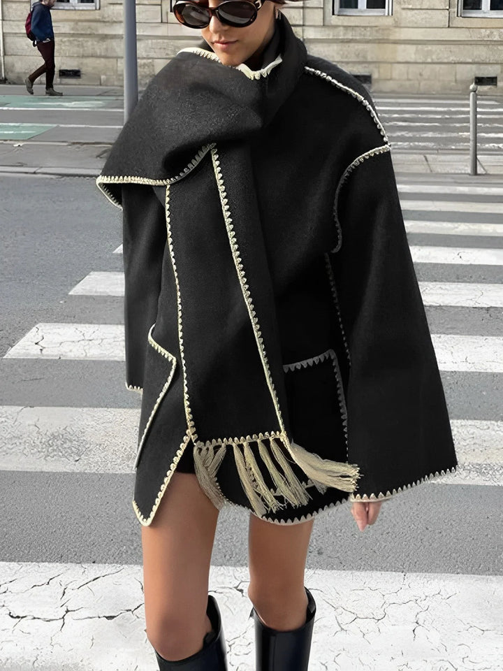 Damen Poncho Jacke mit Fransen und Kontrastverzierung