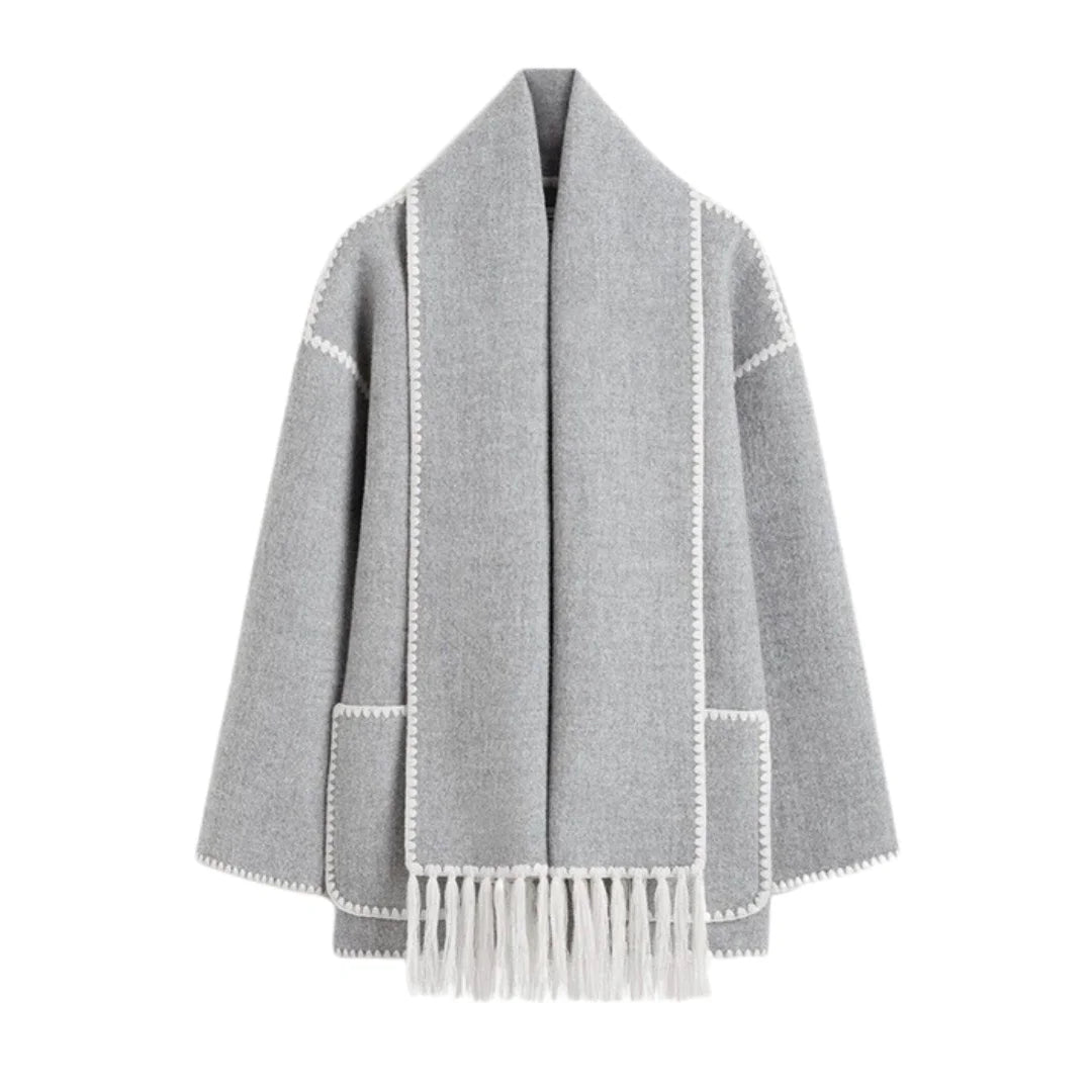 Damen Poncho Jacke mit Fransen und Kontrastverzierung