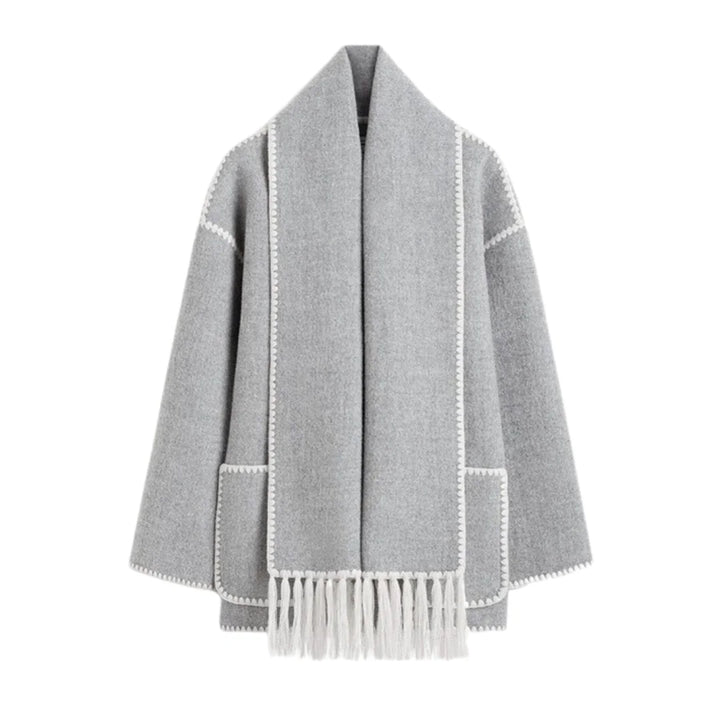Damen Poncho Jacke mit Fransen und Kontrastverzierung