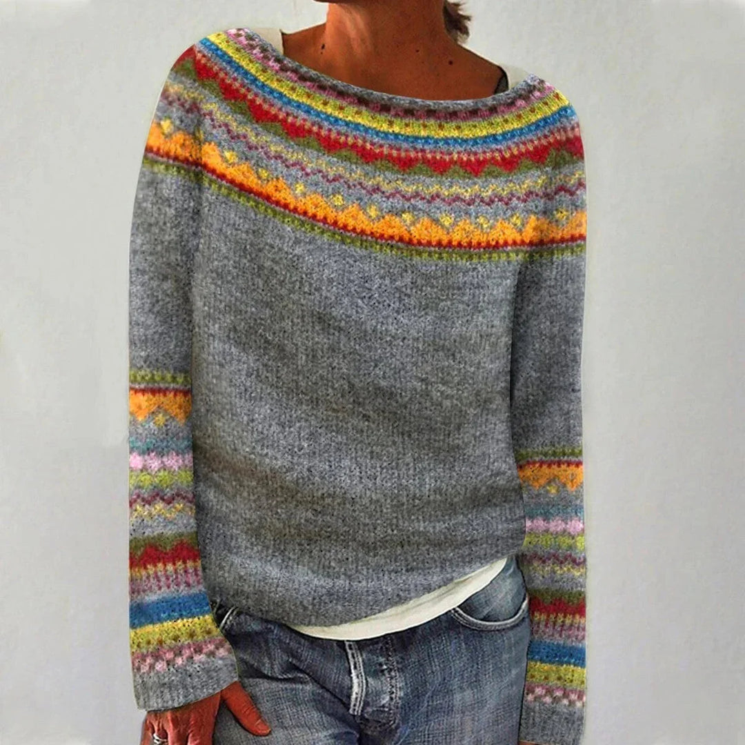 Damen Pullover aus weichem Strick, mit farbenfrohem Norwegermuster und Rundhalsausschnitt für einen lässigen Look.