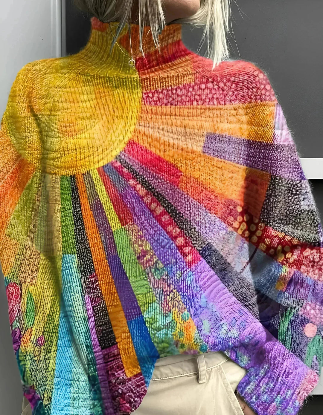 Damen Pullover aus weichem Material, mit buntem Patchworkmuster und Stehkragen für einen modernen Look.