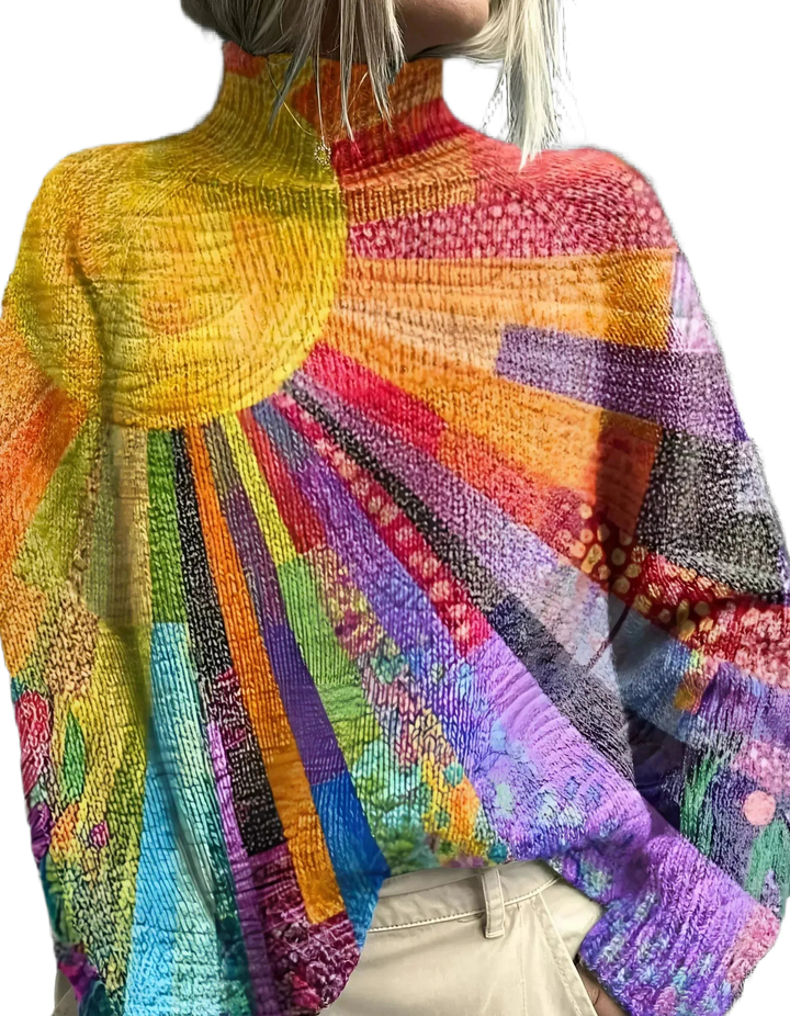 Damen Pullover aus weichem Material, mit buntem Patchworkmuster und Stehkragen für einen modernen Look.