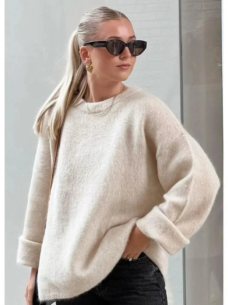 Damen Pullover in Aprikose, Oversize-Design aus weichem Baumwollmix, ideal für lässige Freizeitlooks.