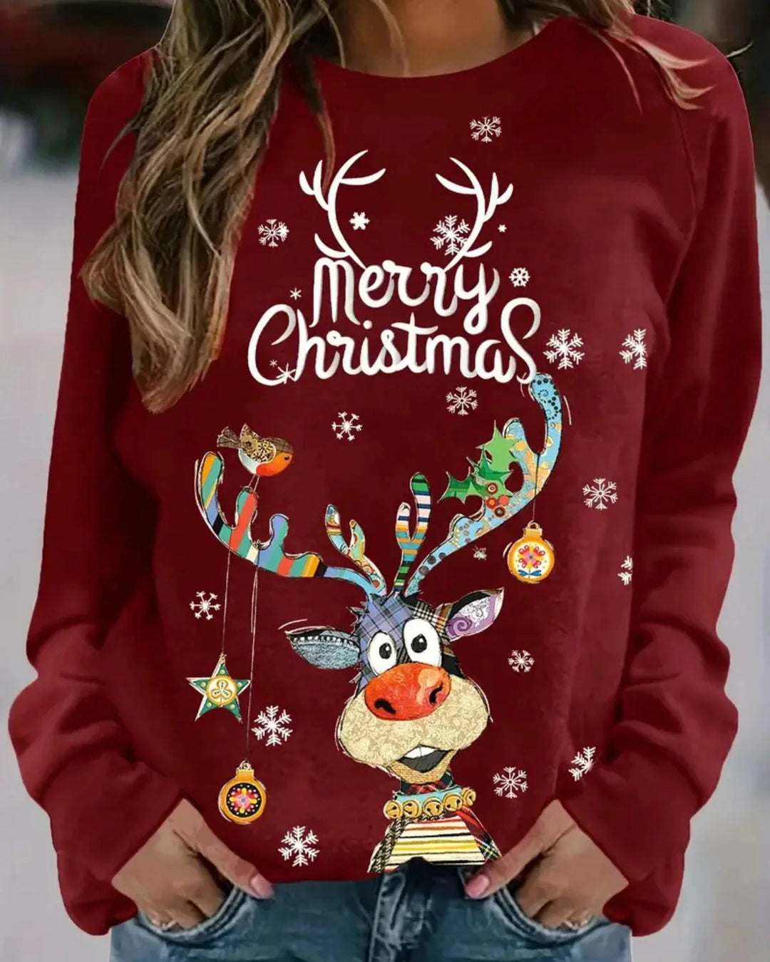 Damen Pullover aus weichem Baumwollmix mit lustigem Weihnachtsmotiv und Rundhalsausschnitt für festliche Anlässe.