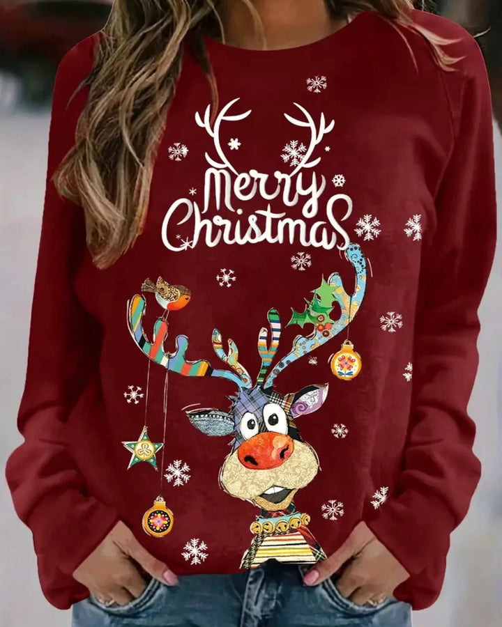 Damen Pullover aus weichem Baumwollmix mit lustigem Weihnachtsmotiv und Rundhalsausschnitt für festliche Anlässe.