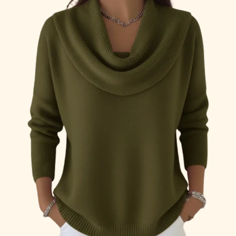 Grüner Damenpullover mit modischem Kragen, aus weichem Material, ideal für lässige und schicke Outfits.