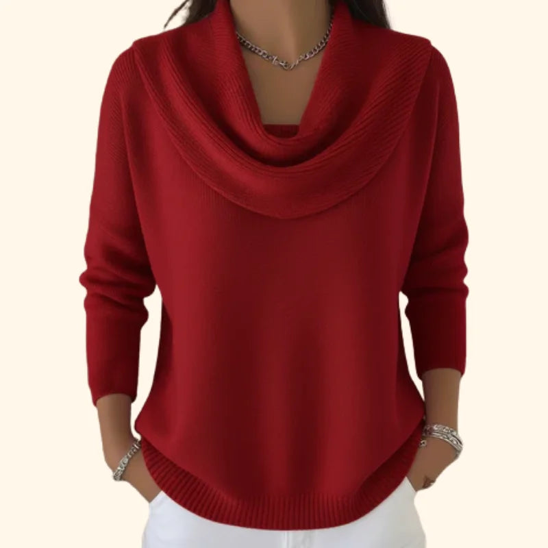 Roter Damenpullover aus weichem Material mit modischem Kragen, ideal für verschiedene Anlässe und Kombinationen.