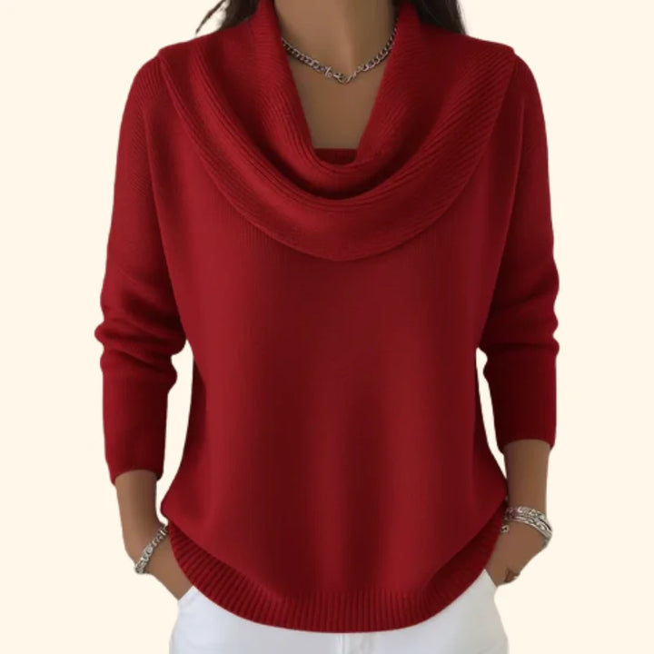 Roter Damenpullover aus weichem Material mit modischem Kragen, ideal für verschiedene Anlässe und Kombinationen.
