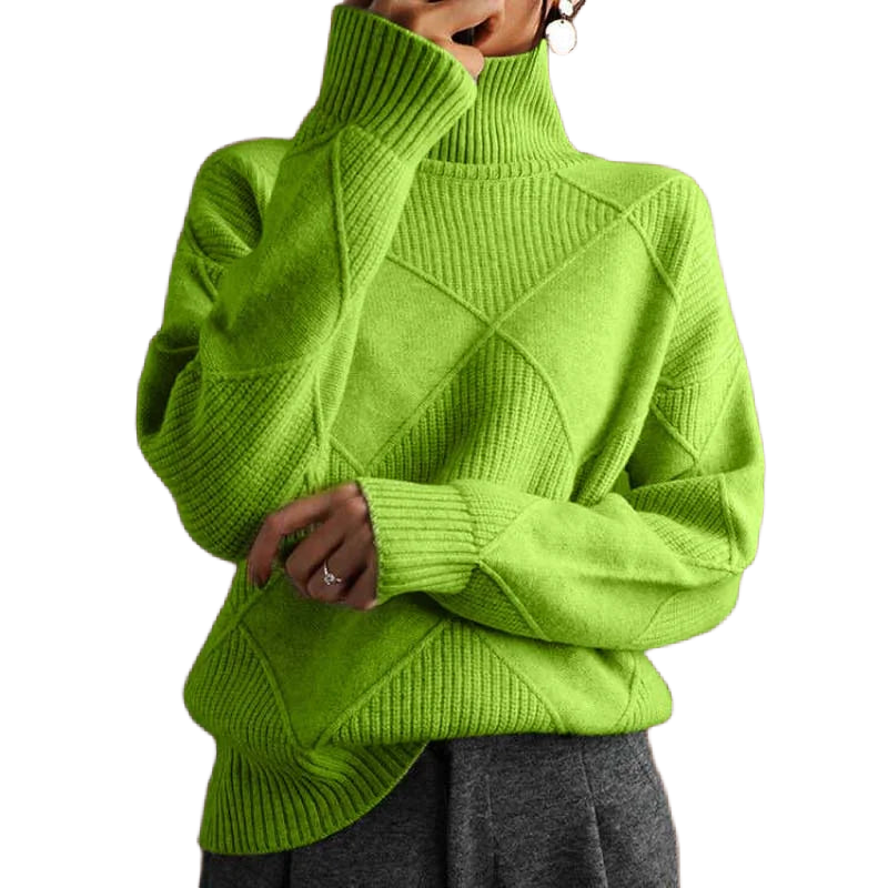 Grüner Damen Pullover mit Rollkragen und einzigartigem Strickmuster, ideal für kühle Tage und lässige Outfits.