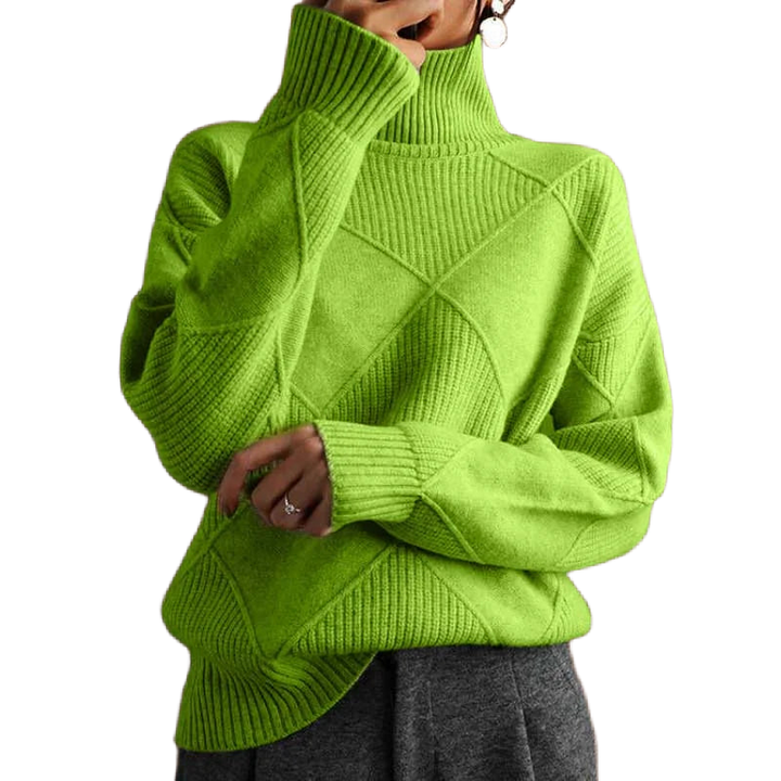 Grüner Damen Pullover mit Rollkragen und einzigartigem Strickmuster, ideal für kühle Tage und lässige Outfits.