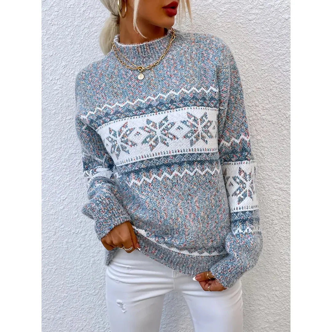 Grau Damen Pullover mit Schneeflockenmuster, aus weicher Baumwolle, ideal für die kühlen Herbst- und Wintermonate.
