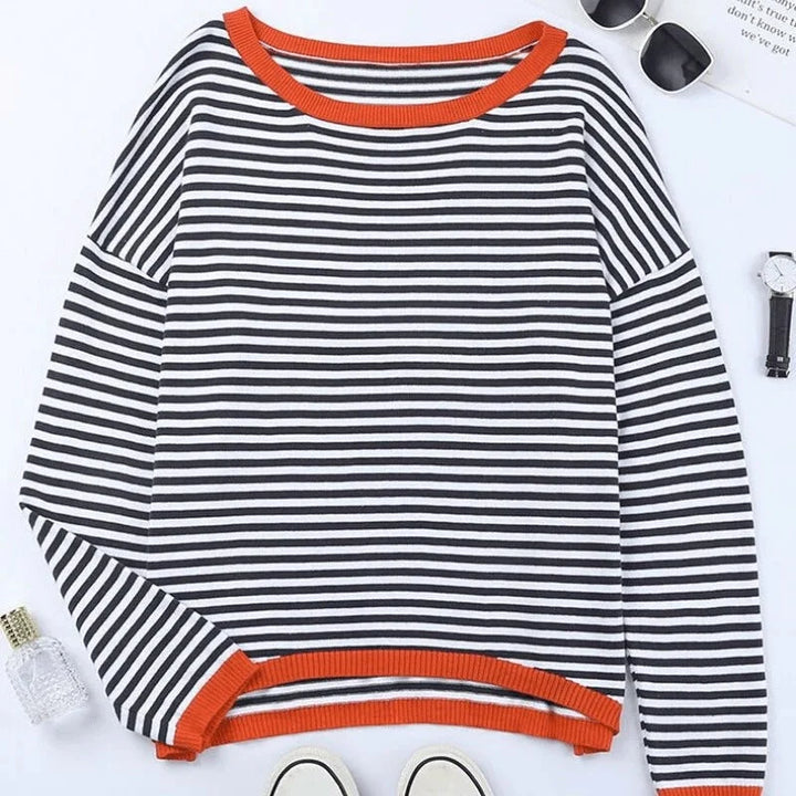 Damen Pullover aus weichem Baumwollmix mit Streifen und roten Akzenten, lässiger Schnitt für den Alltag.