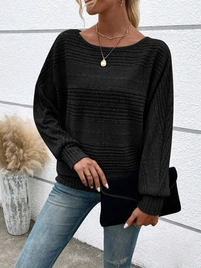 Damen Pullover mit Streifen, weiter Rundhalsausschnitt, aus weicher Baumwollmischung für Komfort und lässigen Stil.
