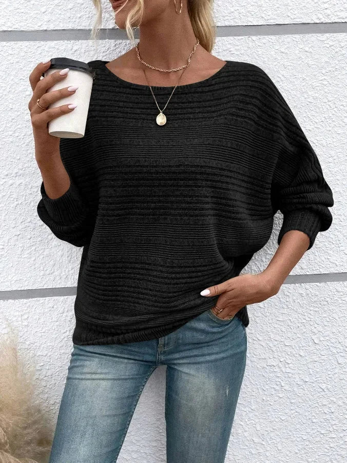 Damen Pullover mit Streifen, weitem Rundhalsausschnitt, aus weichem Baumwollgemisch, ideal für lässige Looks.