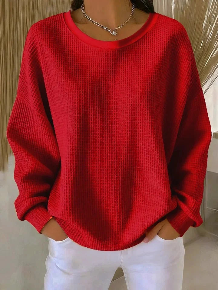 Roter Damen Pullover mit strukturiertem Design, Rundhalsausschnitt und weichem Material für gemütlichen Tragekomfort.
