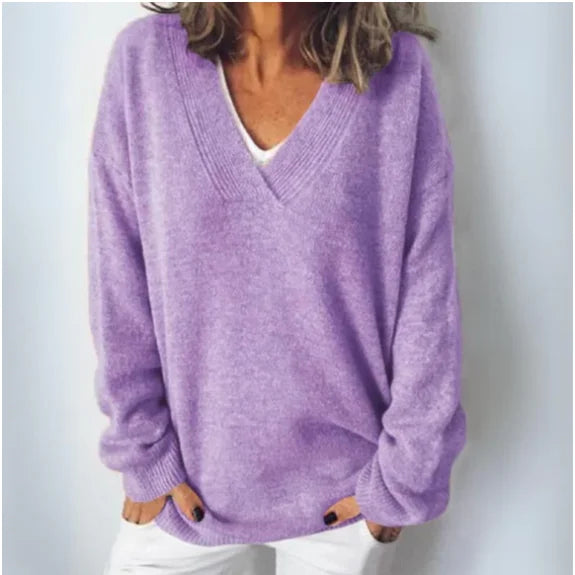 Damen Pullover mit V-Ausschnitt, lockerer Passform aus weicher Baumwolle, ideal für lässige Anlässe und bequemes Tragen.