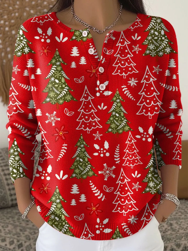 Rot Damen Pullover mit weihnachtlichem Muster, Knopfleiste, weichem Material und gemütlichem Schnitt für die Feiertage.