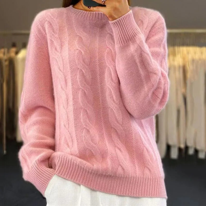 Damen Pullover mit Zopfmuster, langärmlig, aus weicher Baumwolle, mit klassischem Rundhalsausschnitt und elastischen…