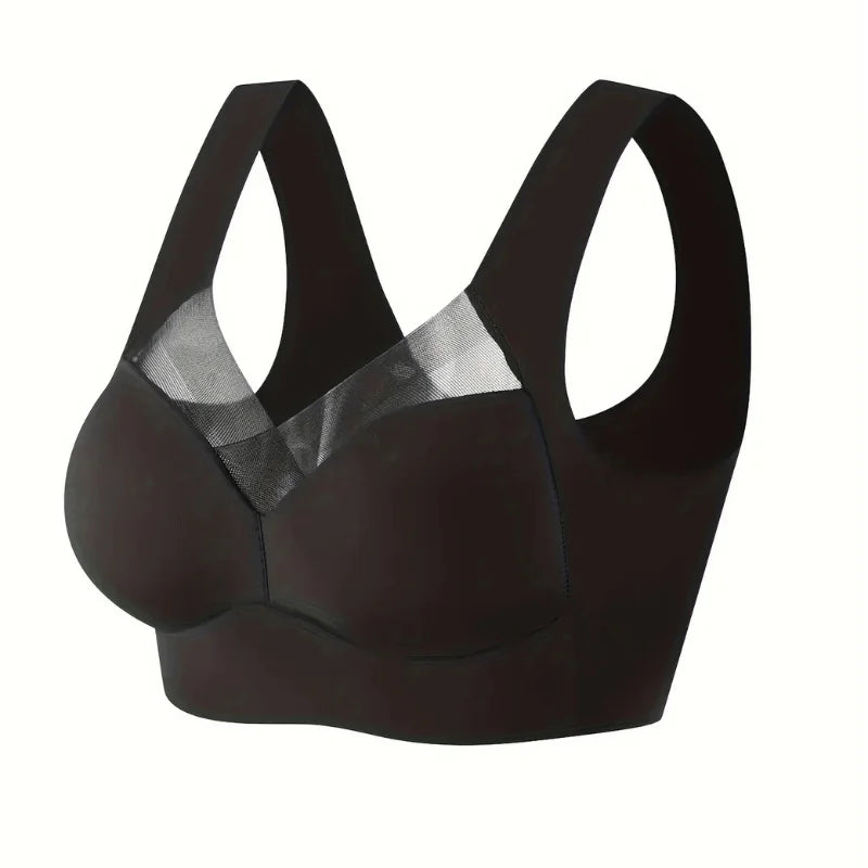 Schwarzer Damen Push-Up BH aus nahtlosem Stoff mit breiten Trägern - modisch und bequem für den perfekten Sitz.
