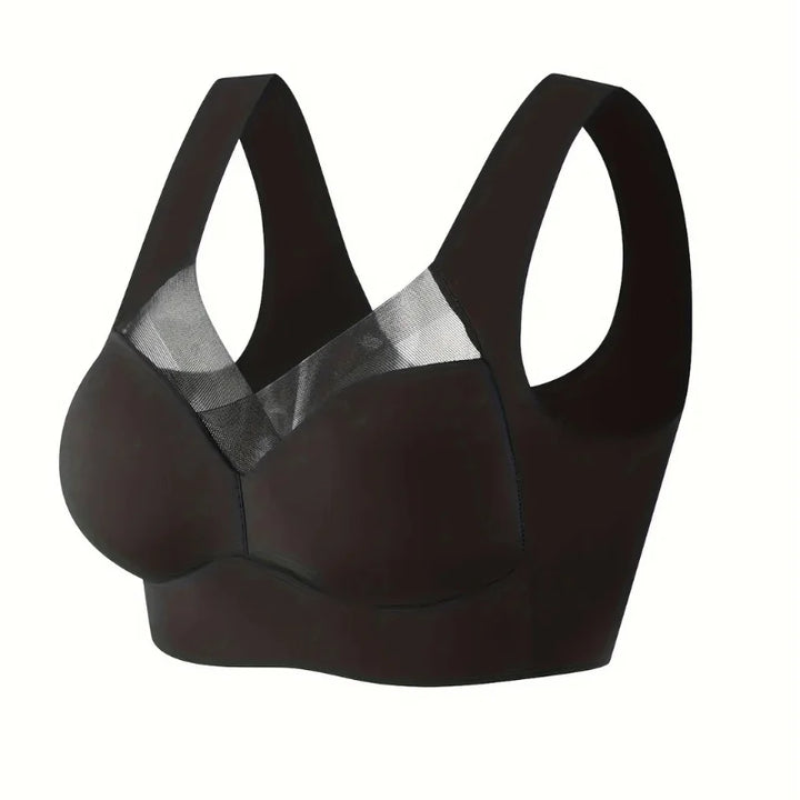 Schwarzer Damen Push-Up BH aus nahtlosem Stoff mit breiten Trägern - modisch und bequem für den perfekten Sitz.
