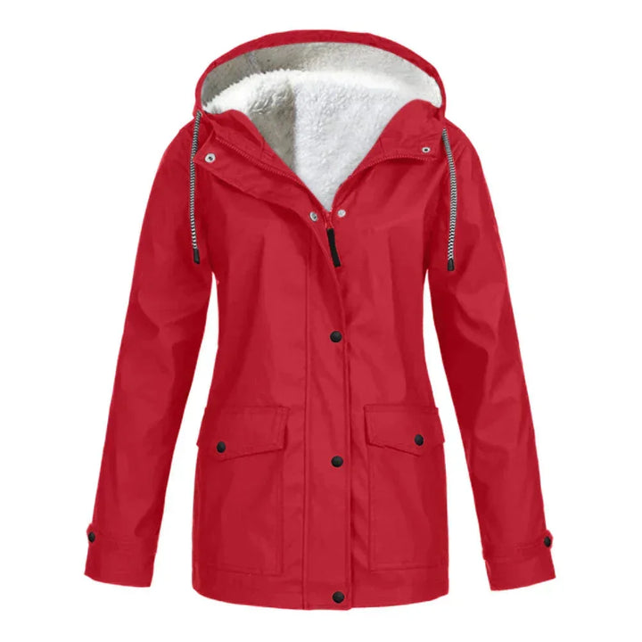 Rote Damen Regenjacke mit Futter und Kapuze, wasserabweisend, leicht, ideal für regnerische Tage und Outdoor-Aktivitäten.
