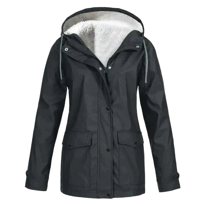 Schwarze Damen Regenjacke mit Innenfutter, verstellbarer Kapuze und atmungsaktivem Material für optimalen Schutz bei Regen.