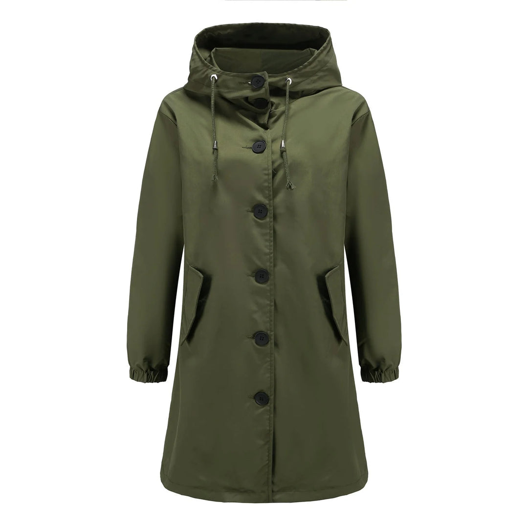 Grüne Damen Regenjacke aus wasserabweisendem Material mit Kapuze und praktischer Knopfleiste für optimalen Schutz.