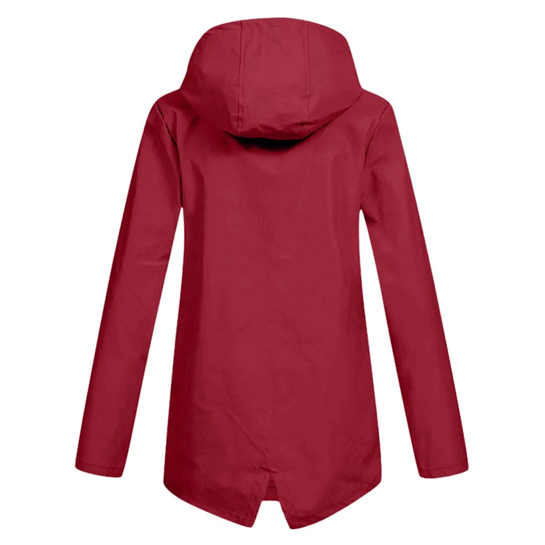Damen Regenjacke mit Kapuze, wasserabweisendem Material und praktischen Taschen in modernem Design.