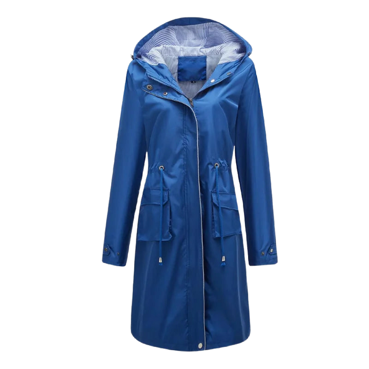 Blauer Damen Trenchcoat mit Kapuze, wasserdichtem Stoff und tailliertem Schnitt für stilvollen Wetterschutz.