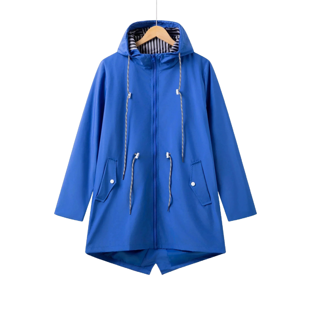 Blaues Outdoor-Kapuzenjacke mit Reißverschluss und Kordelzug, ideal für Outdoor-Aktivitäten, aus atmungsaktivem Material.