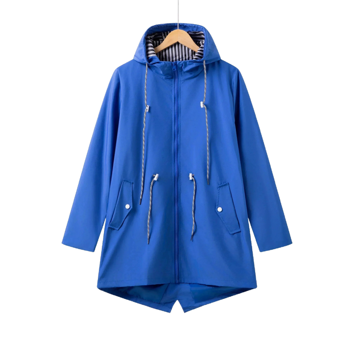 Blaues Outdoor-Kapuzenjacke mit Reißverschluss und Kordelzug, ideal für Outdoor-Aktivitäten, aus atmungsaktivem Material.