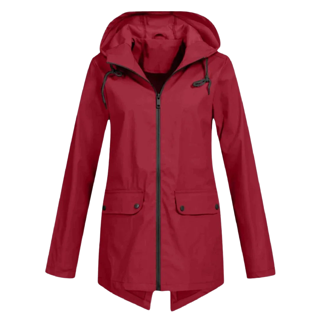 Rote Damen Regenjacke aus leichtem, wasserabweisendem Material mit verstellbarer Kapuze und praktischen Taschen.