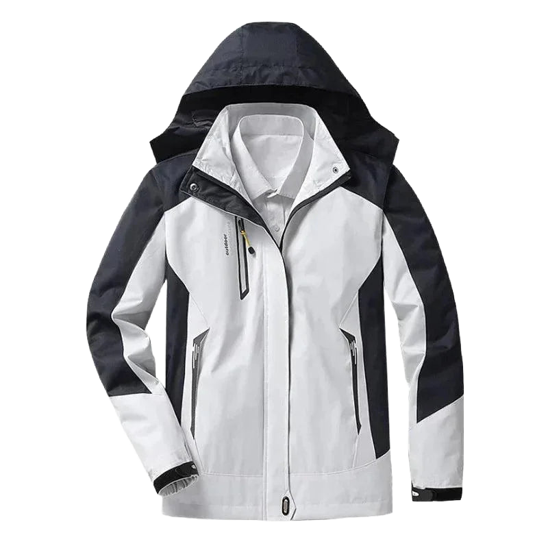 Beige wasserabweisende Outdoor-Jacke aus robustem Material, mit abnehmbarer Kapuze und praktischen Taschen für den Einsatz…