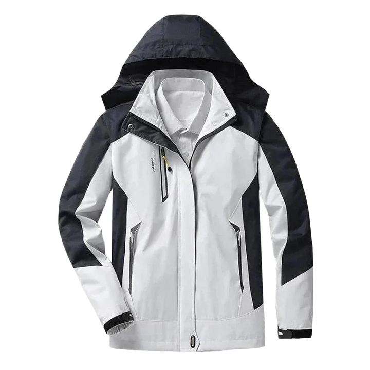 Beige wasserabweisende Outdoor-Jacke aus robustem Material, mit abnehmbarer Kapuze und praktischen Taschen für den Einsatz…