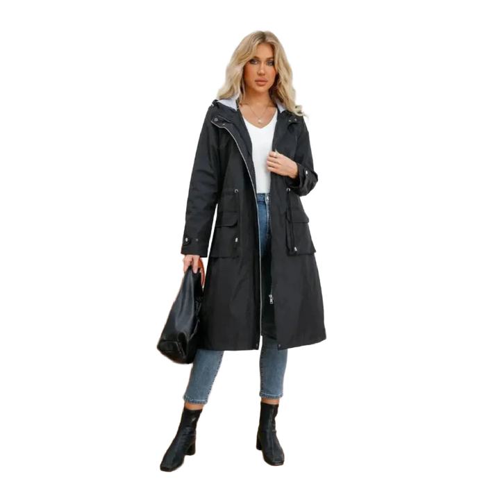 Damen Trenchcoat aus leichtem Material, mit Kapuze und praktischen Taschen, ideal für wechselhaftes Wetter.