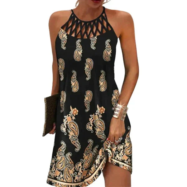 Ärmelloses Halterneck Sommerkleid für Damen in Blau mit Ethnomuster, leichter Stoff, perfekt für den Sommer und lässige…